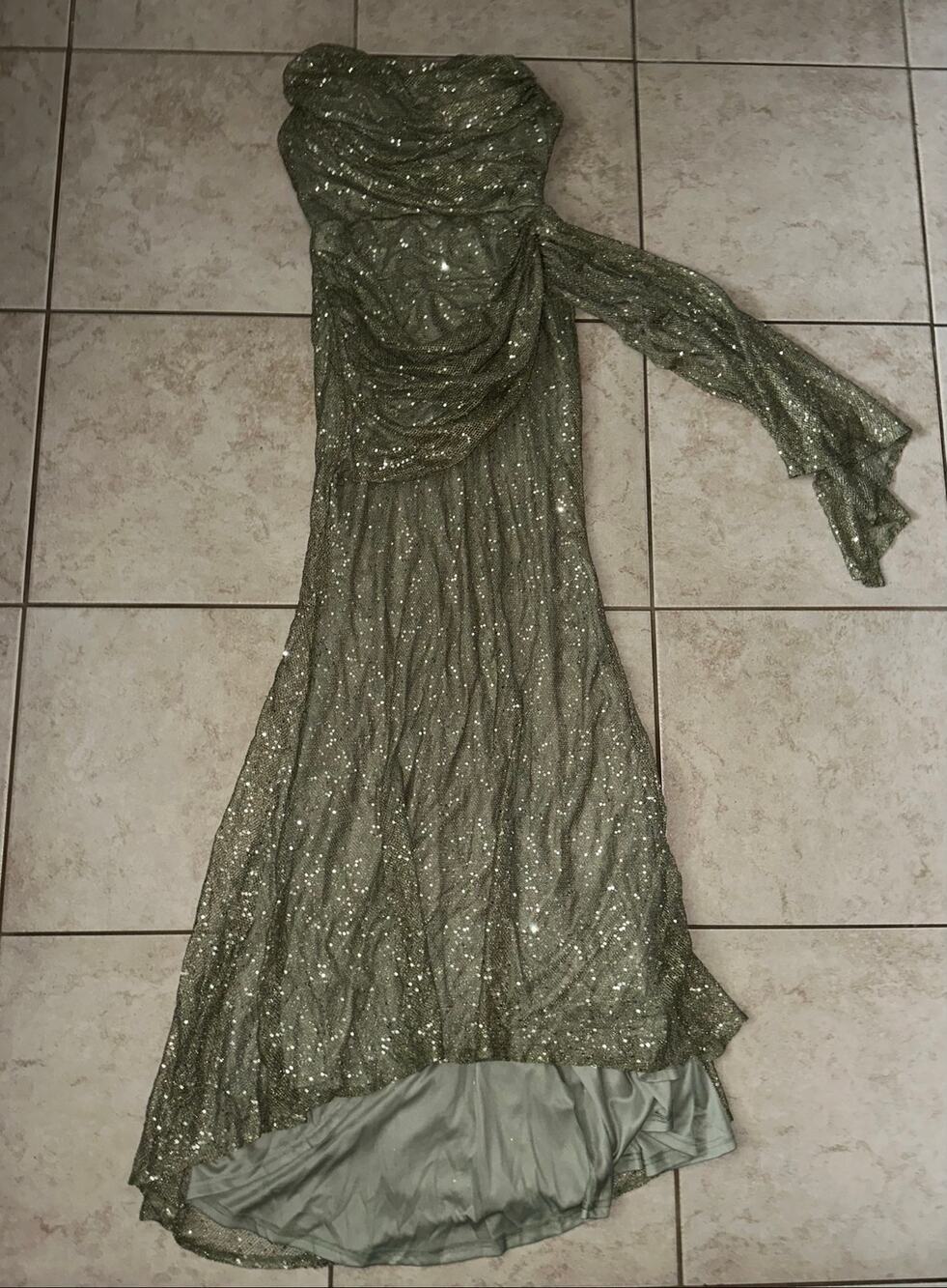 SHEIN Olive Green Sequin Strapless Mermaid Maxi Gown L Formal Evening Dress
